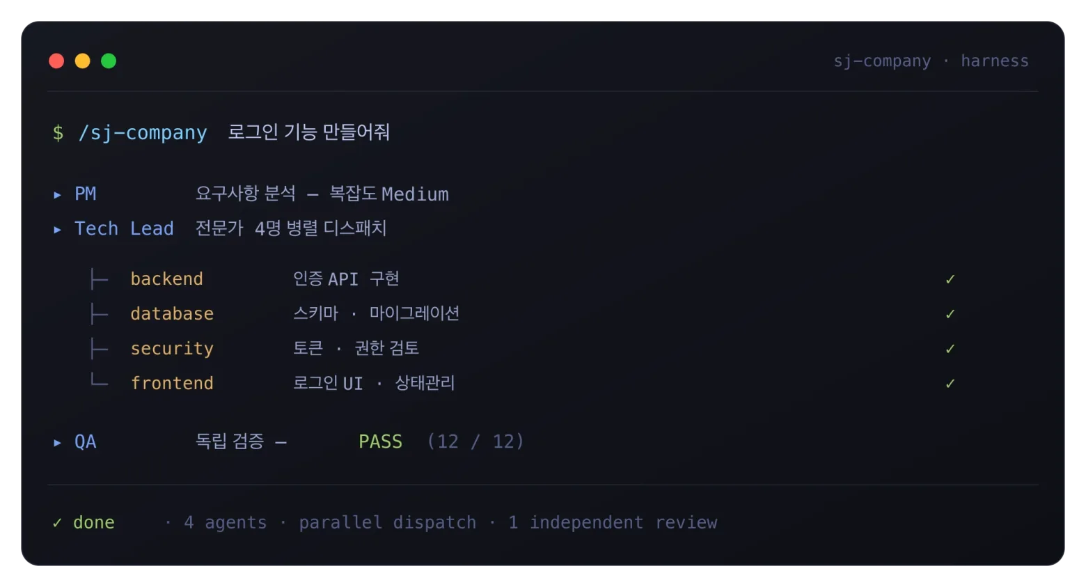 sj-company 하네스가 PM, Tech Lead, 병렬 에이전트, QA를 거쳐 작업을 수행하는 터미널 화면