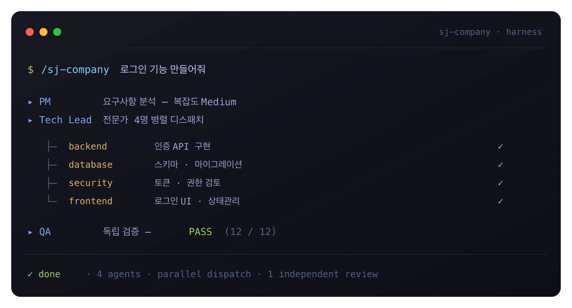 sj-company 하네스가 PM, Tech Lead, 병렬 에이전트, QA를 거쳐 작업을 수행하는 터미널 화면