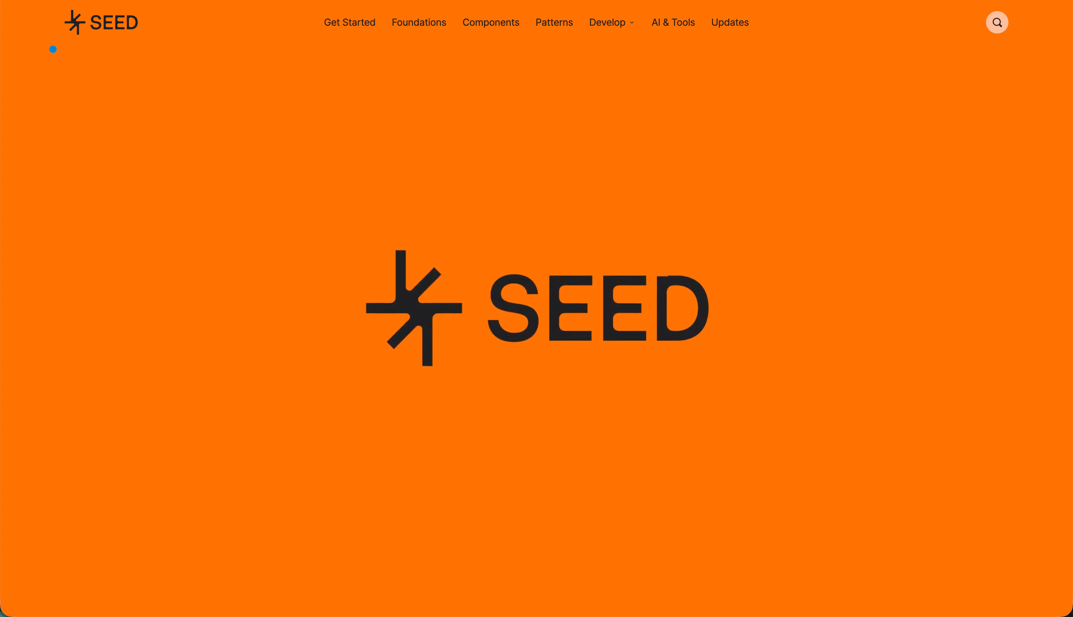 강렬한 주황색 배경 중앙에 SEED 로고가 있고 상단에 Foundations, Components, Patterns, AI & Tools 메뉴가 있는 SEED 공식 문서 첫 화면